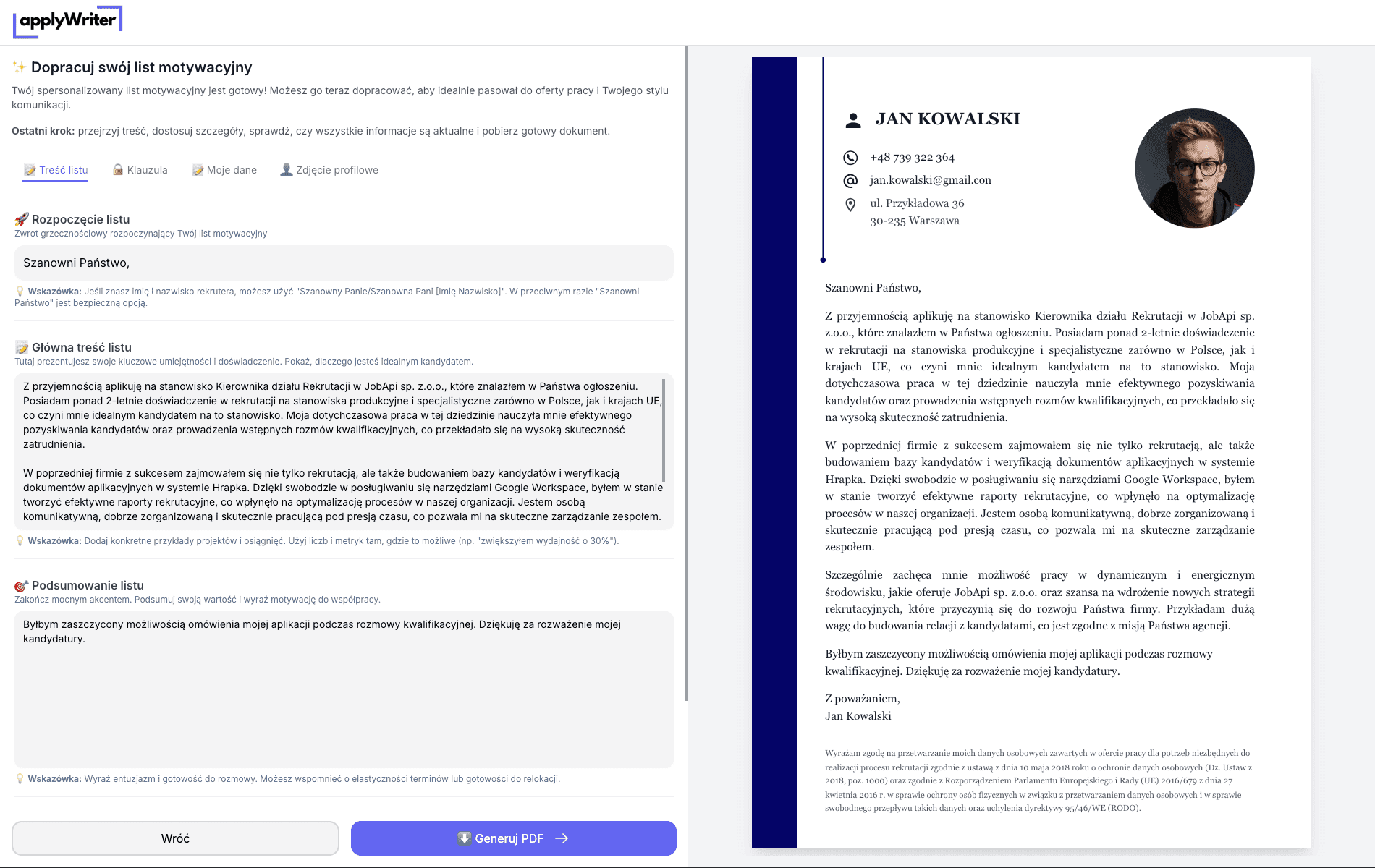 Dostosuj treść listu